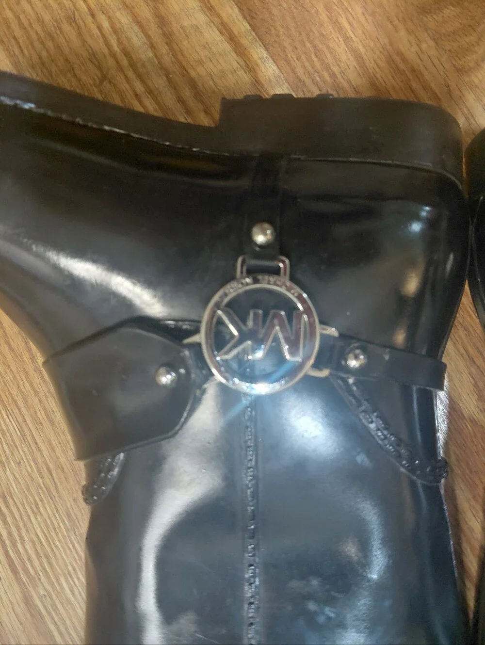 Michael Kors Fulton Black Knee High Rain Boot Logo Harness Size 9